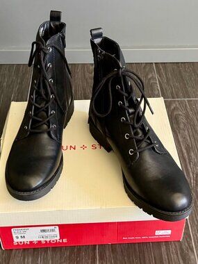 Sun & Stone Frankiee Lug Sole Black Combat Lace Up Boots Booties Sz 9 NIB